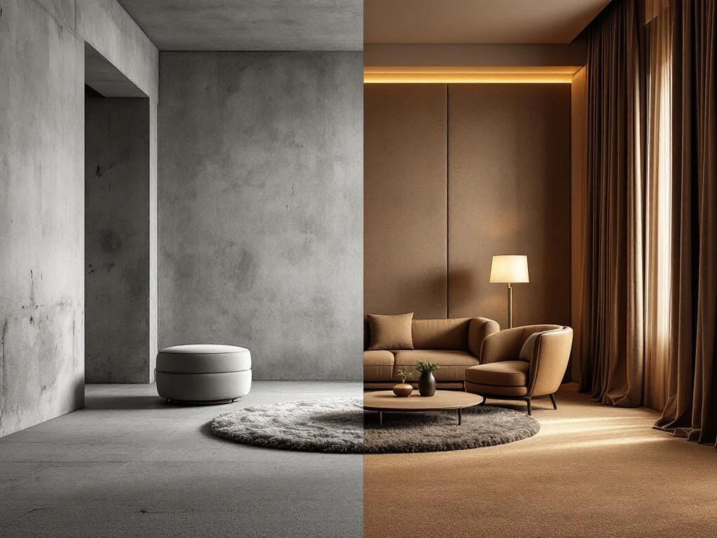 Luxe interieur voor en na vergelijking: kale betonnen muren links, rijke stoffen wandbekleding en tapijt rechts