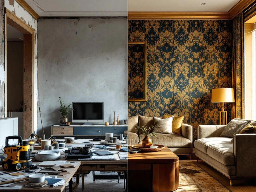 Luxe interieur renovatie voor en na: ruwe constructie links, afgewerkte ruimte met premium meubilair rechts