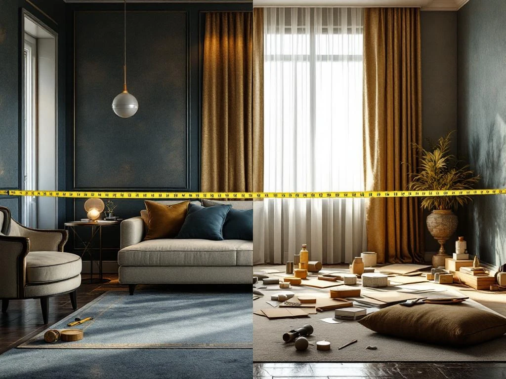 Luxe interieur renovatie voor-en-na vergelijking met elegante meubels, stoffenmonsters en meetgereedschap