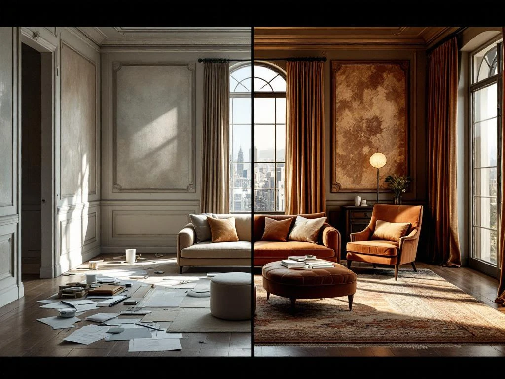 Luxe interieur transformatie: half gerenoveerde kamer met materiaalstalen links, voltooide ruimte met fluwelen meubels rechts