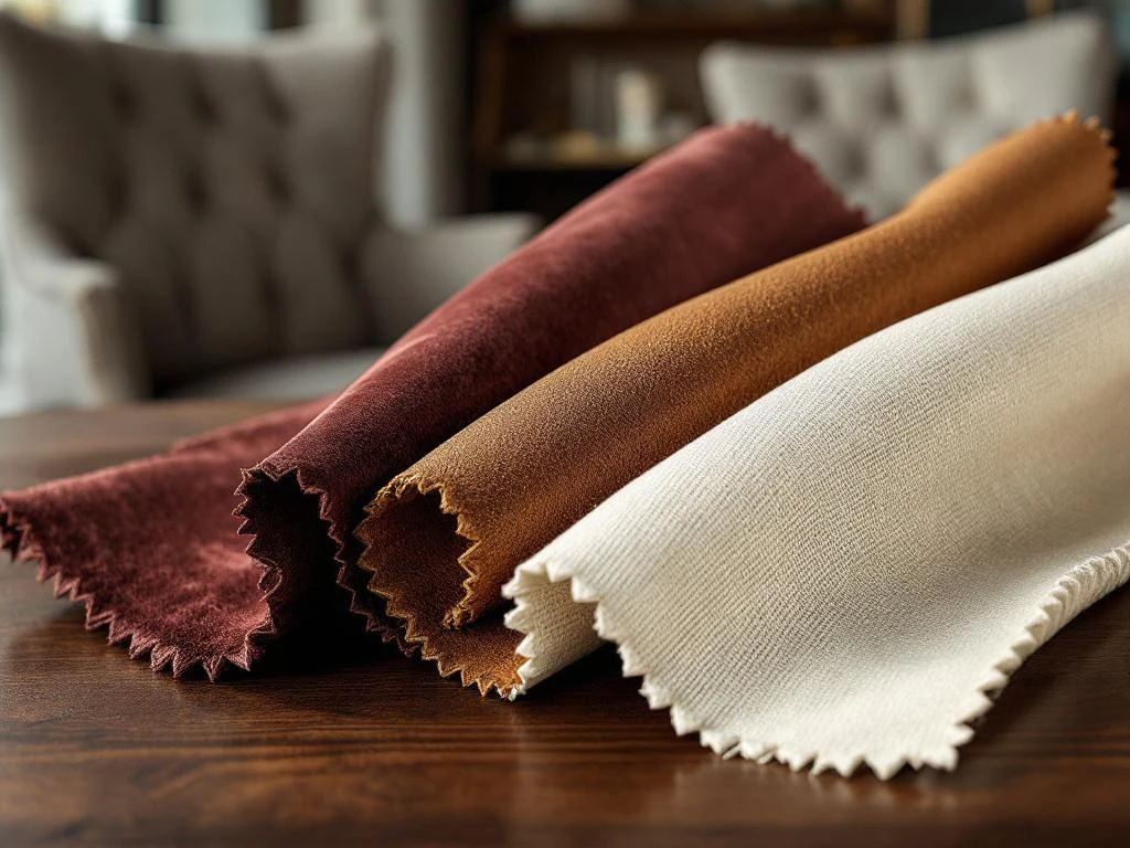 Drie luxe stoffen samples in waaier: bordeauxrood fluweel, cognac leer en crème linnen op houten ondergrond