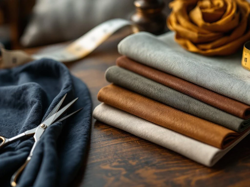 Luxe stoffenstalen in waaierpatroon op houten tafel met velours, linnen en leer in navy, cognac en sage tinten