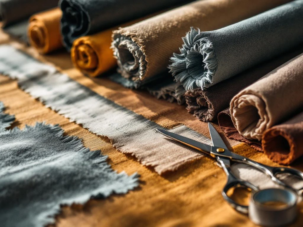 Luxe stoffenstalen in aardse tinten en juwelenkleuren op houten oppervlak met professioneel stoffeergereedschap