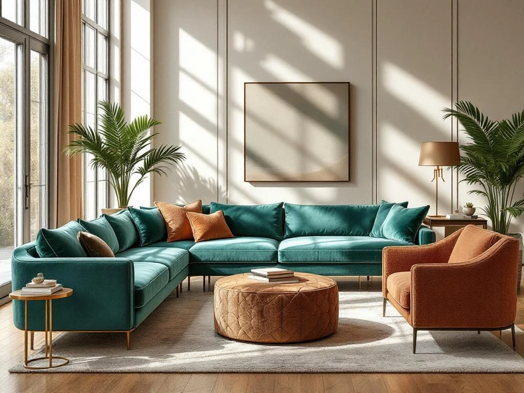 Luxe woonkamer met 2026 meubeltrends: smaragdgroene fluwelen bank, terracotta bouclé stoelen en bronzen ottoman