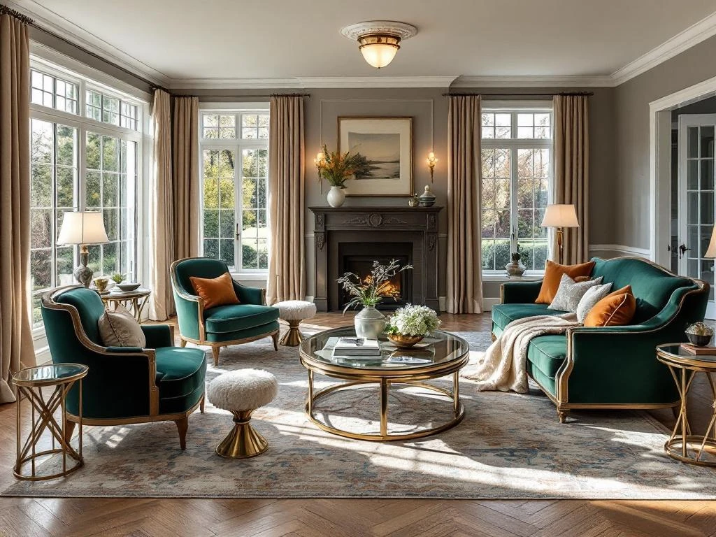 Luxe woonkamer na renovatie met smaragdgroene fluwelen meubels, hardhouten vloeren en zonlicht door grote ramen