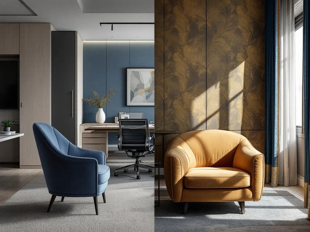 Vergelijking tussen standaard kantoormeubels links en luxe maatwerk stoffering rechts met rijke blauwe en gouden tinten