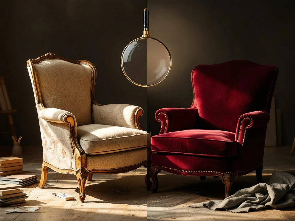 Voorheen en na vergelijking van een vintage fauteuil: links versleten met zichtbare houten frame, rechts herbekleed in bordeauxrood