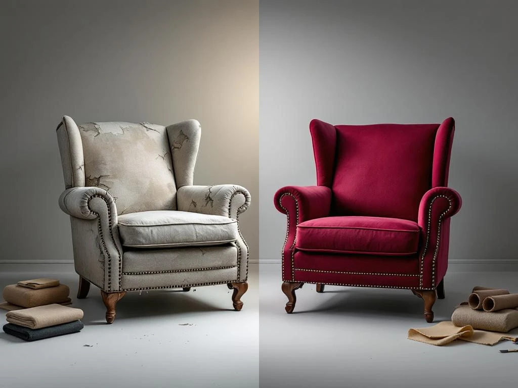 Voor en na vergelijking van fauteuil herbekleden: versleten stoel links, luxe bordeauxrode bekleding rechts