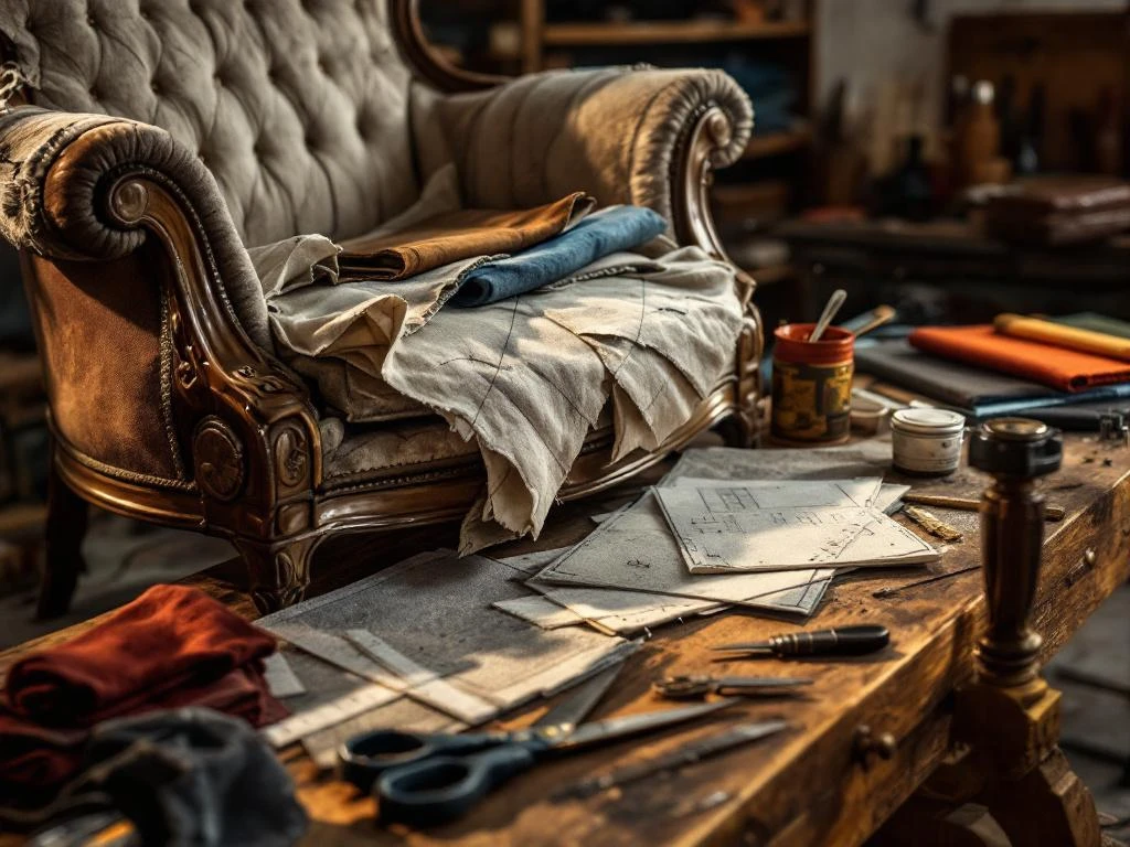 Klassieke fauteuil tijdens herbekledingsvoorbereiding met blootgelegde frame, stoffenstalen en professioneel gereedschap