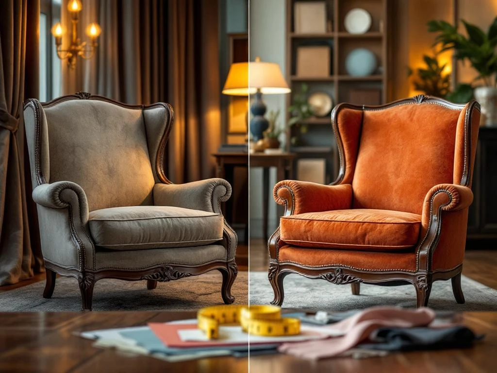 Gestoffeerde fauteuil voor en na renovatie vergelijking met stoffenstalen en meetlint op houten tafel