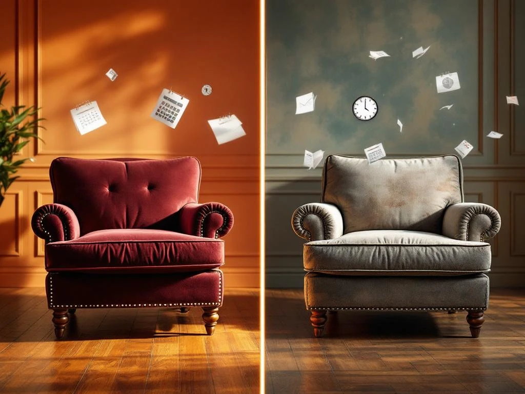 Vergelijking van nieuwe en versleten burgundy fauteuil met tijdlijn elementen, toont meubelveroudering over tijd