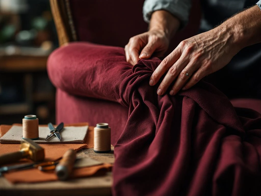 Vakkundige handen die een klassieke fauteuil herbekleden met bordeauxrode stof, gereedschap op houten werkbank