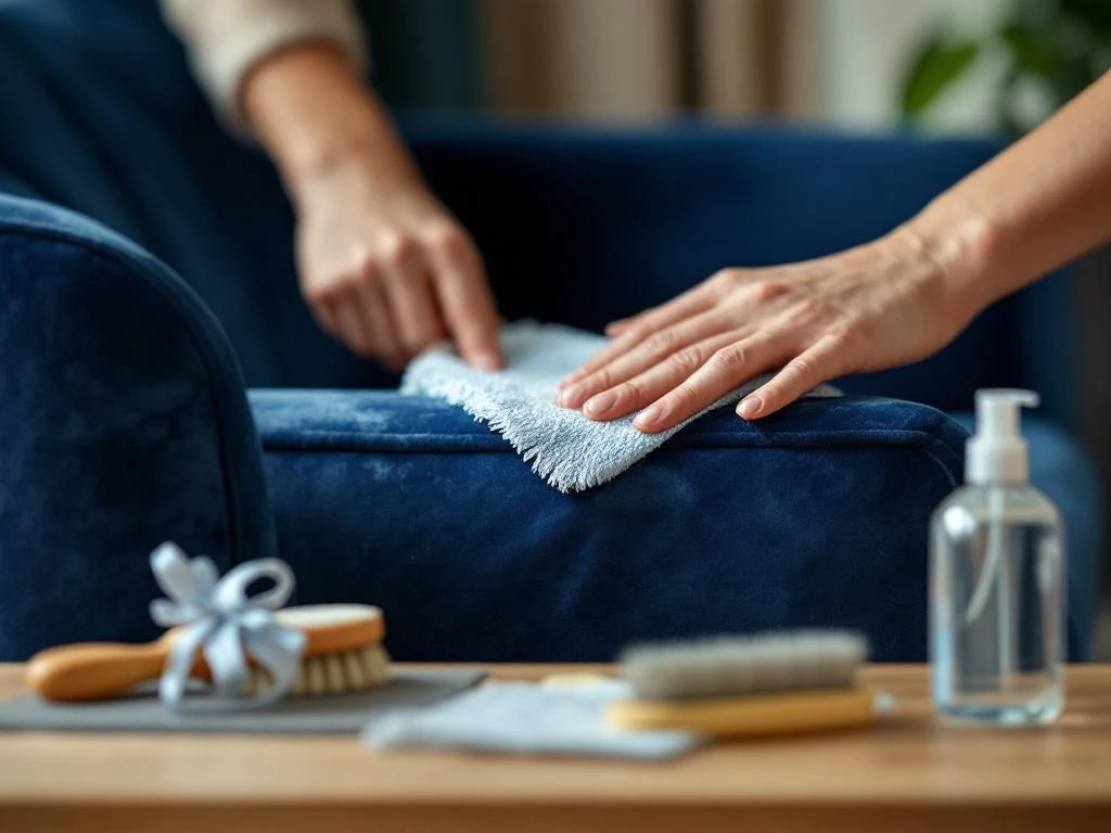 Luxe marineblauw fluwelen fauteuil met professionele schoonmaakgereedschap voor meubelonderhoud