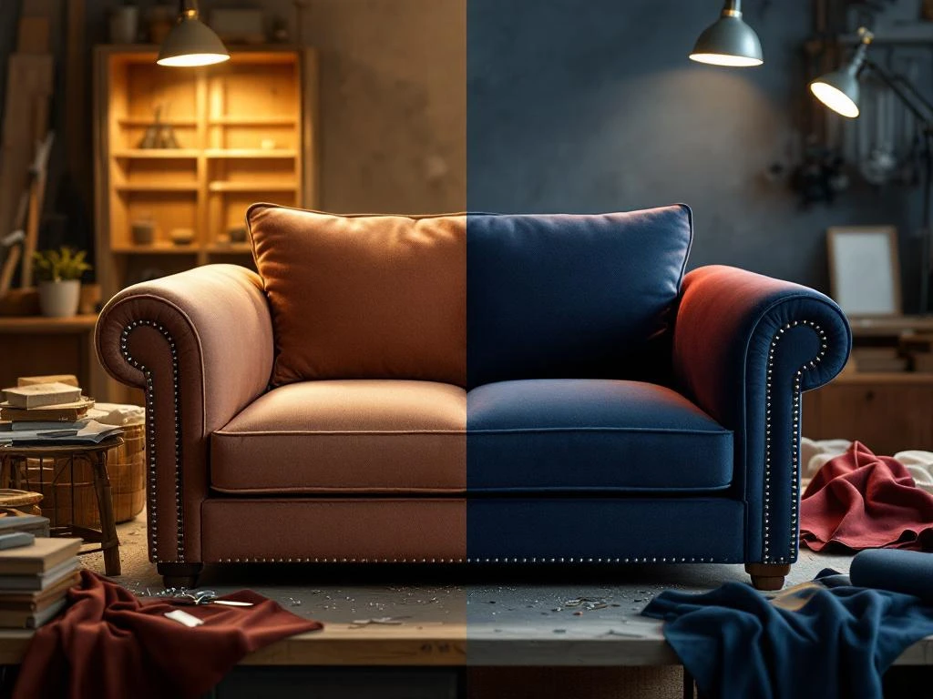 Meubelstoffering voor en na: kale houten frames links, luxe beklede meubels in bordeaux en marineblauw rechts