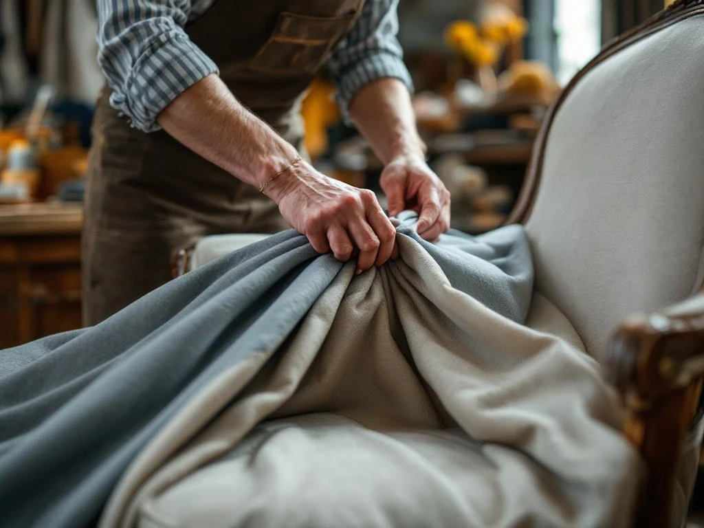 Vakman spant luxe stof over antieke fauteuil in meubelstoffeerderij met gereedschap en materialen op achtergrond