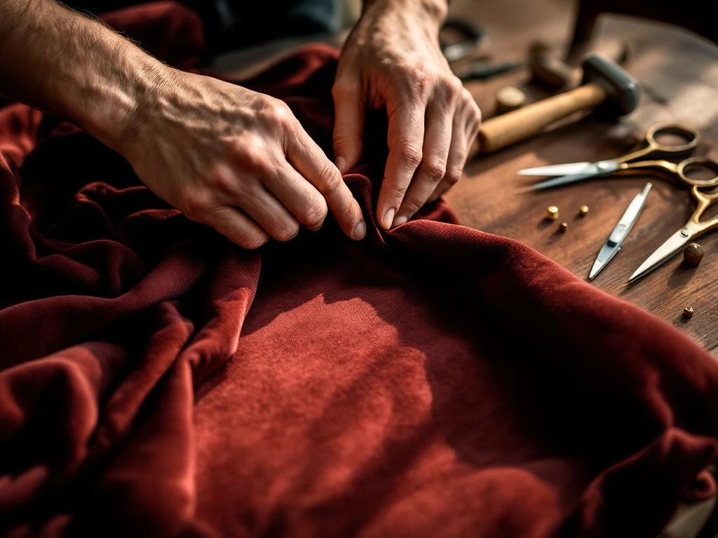 Handen die bordeauxrood fluweel over stoelframe spannen met professioneel meubelstoffeergereedschap