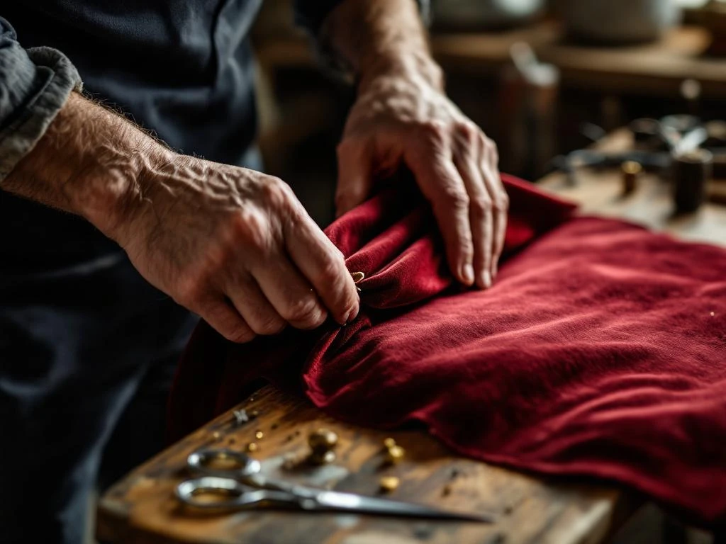 Vakkundige handen bespannen stoel met bordeauxrode fluwelen bekleding, meubelmakerswerkplaats met traditioneel gereedschap