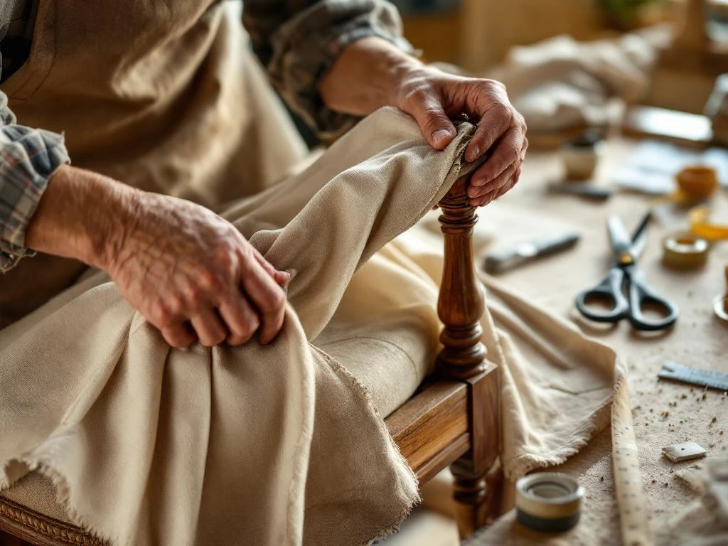 Vakkundige handen verwijderen oude stof van klassieke fauteuil frame, met professionele meubelstoffeergereedschap op werkbank