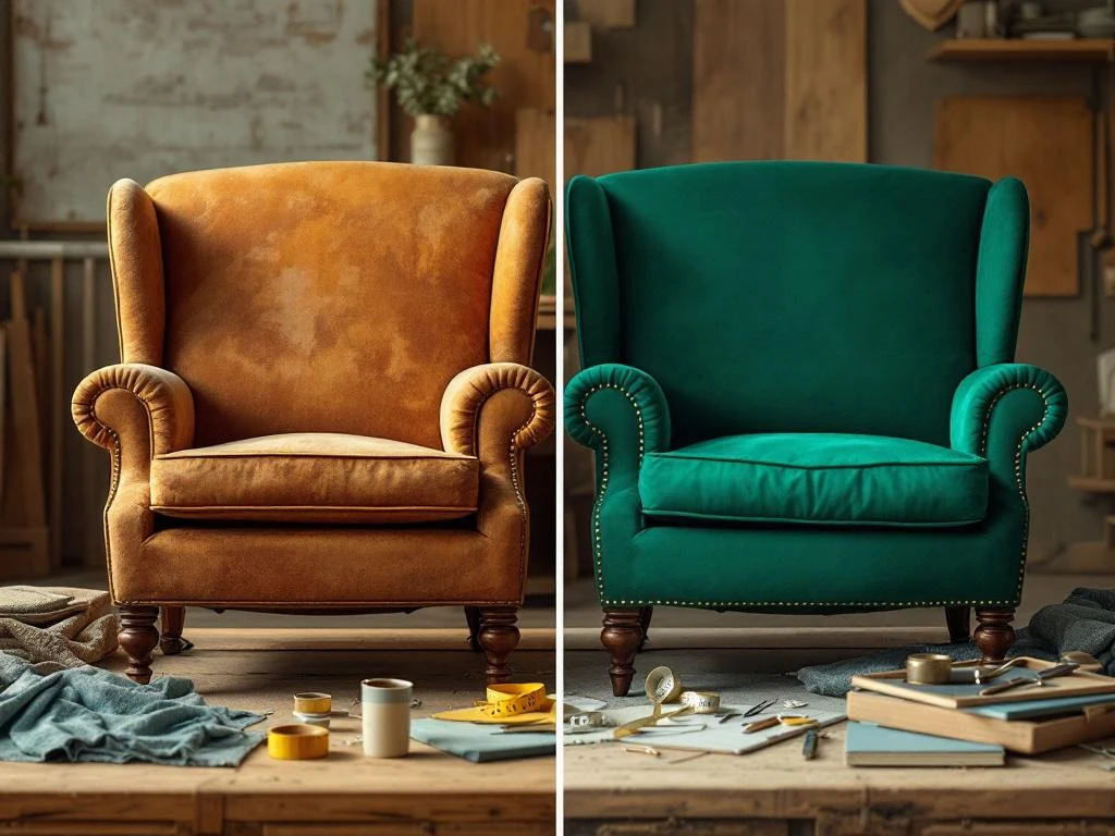 Voor en na vergelijking van fauteuil herbekleden: oude versleten stoel wordt luxe smaragdgroene fauteuil in werkplaats