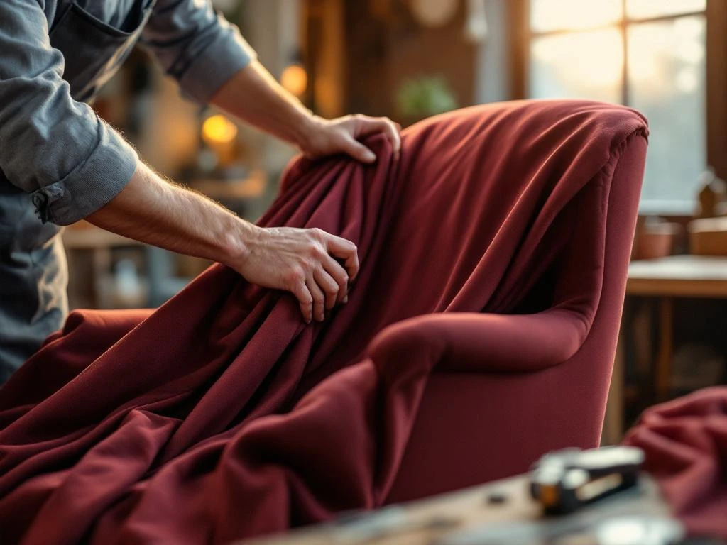 Handen die luxe bordeauxrode stof over klassieke fauteuil spannen in meubelstoffeerderij met professioneel gereedschap