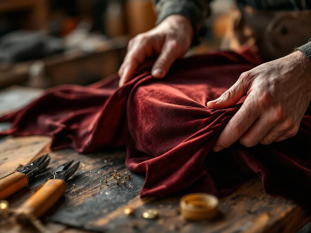 Vakman spant bordeauxrode fluwelen stof over stoelframe met traditioneel meubelmakergereedschap op werkbank