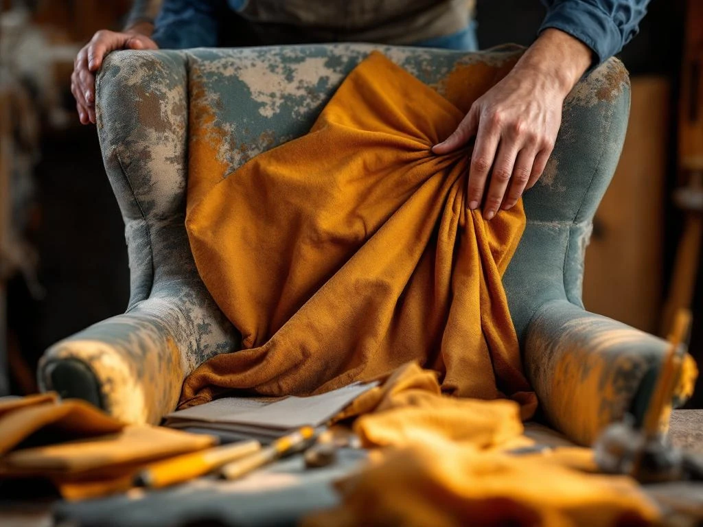 Vakkundige handen spannen premium stof over stoelbekleding tijdens meubelrenovatie met professionele gereedschappen