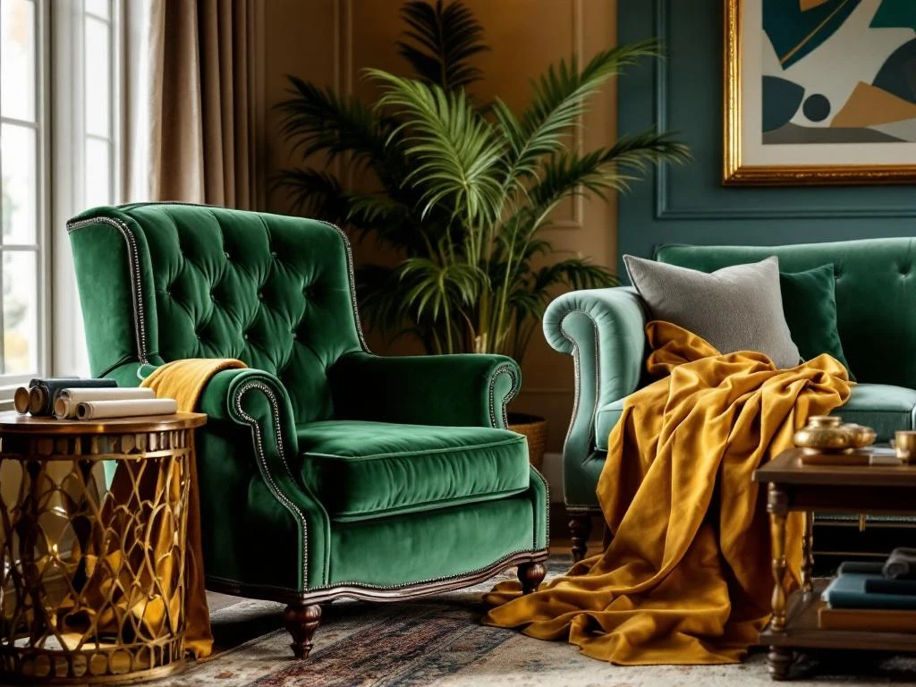 Luxe woonkamer met hergestoffeerde smaragdgroene fluwelen fauteuil, klassieke bank en stoffenstalen voor meubelrestoratie