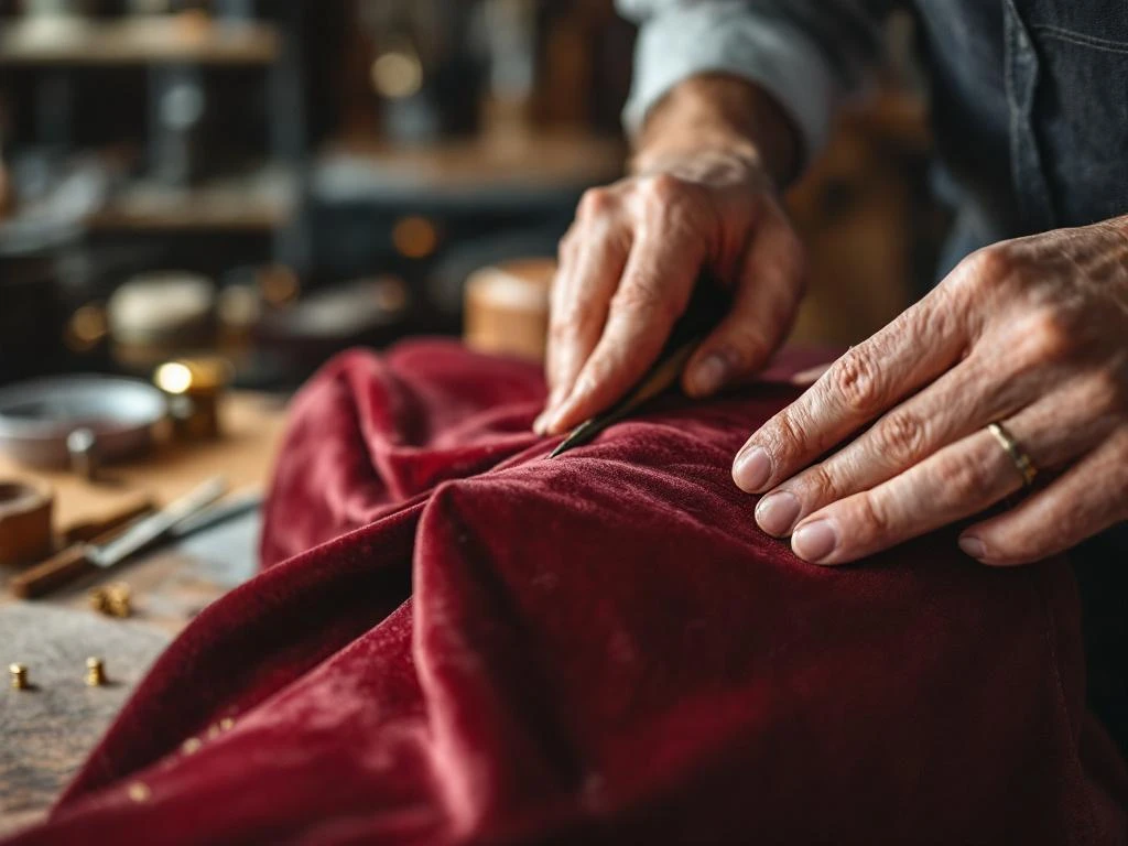 Professionele meubelstoffeerder spant bordeauxrood fluweel over stoelframe met messing spijkers op houten werkbank