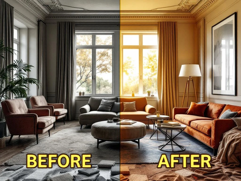 Voor-en-na renovatie vergelijking toont versleten meubilair links en luxueuze gestoffeerde inrichting rechts