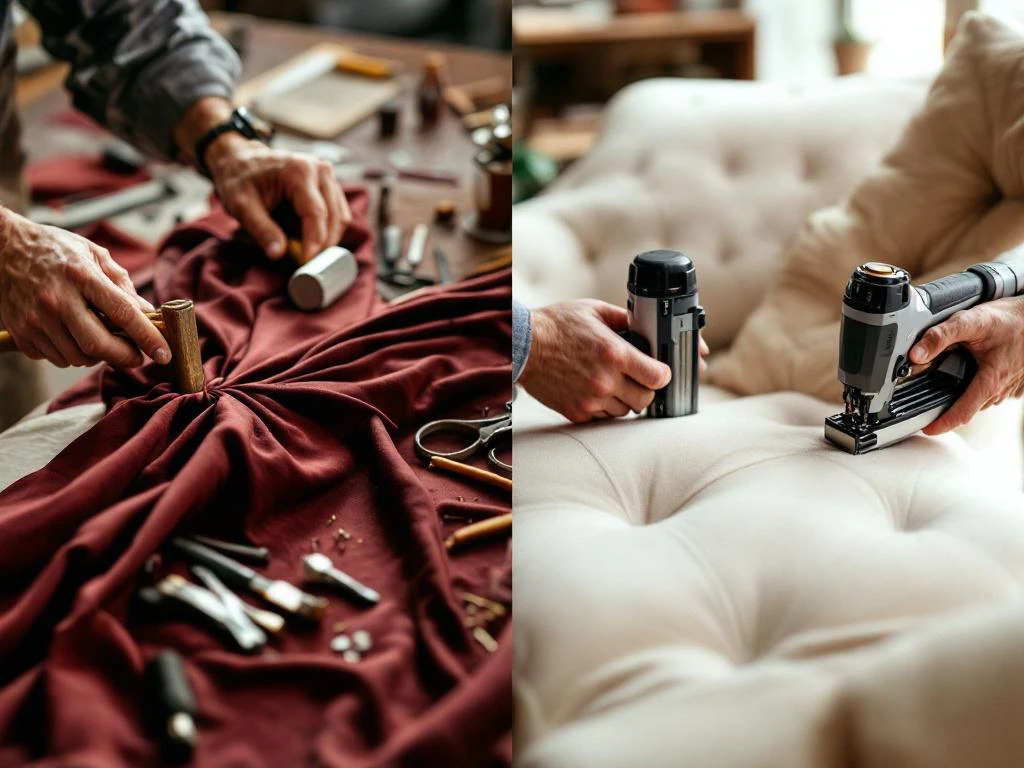 Traditionele en moderne meubelstoffering: handgereedschap versus pneumatische nietmachines op bordeauxrode stoffen