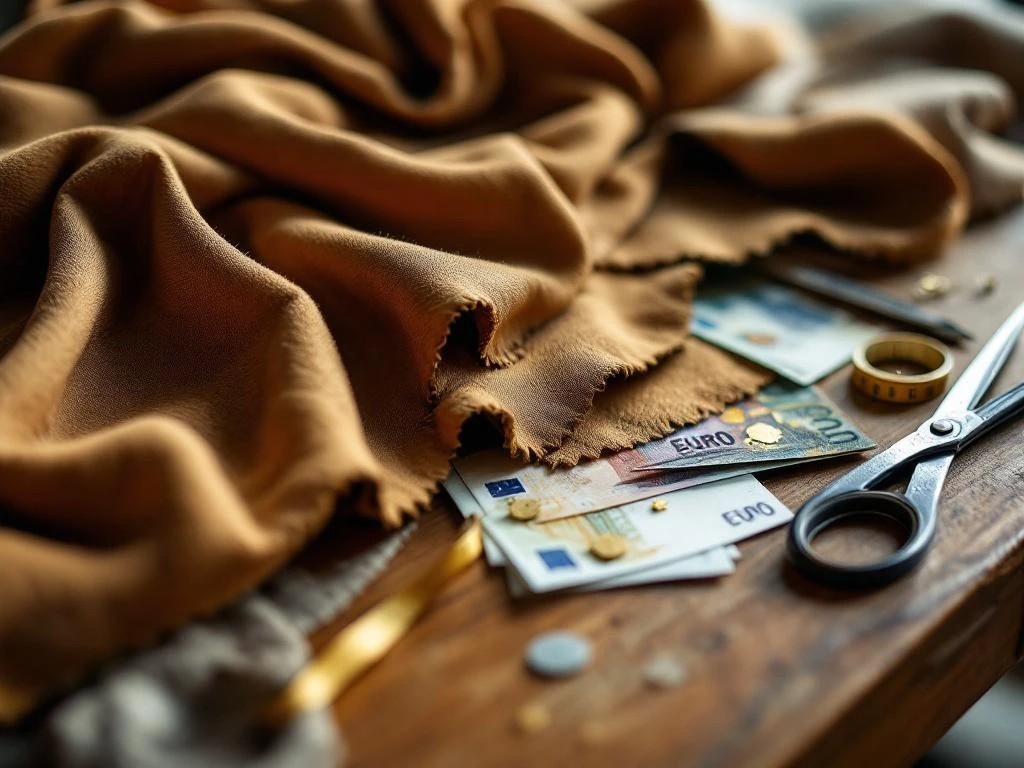 Meubelstoffering in uitvoering met stoffen stalen, professioneel gereedschap en fauteuil frame op houten werkbank