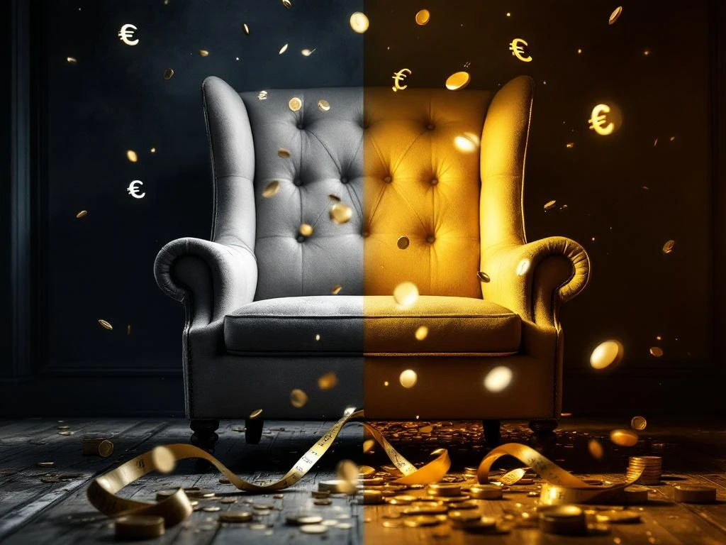 Fauteuil voor en na meubelstoffering: versleten stoel links, luxueus gerestaureerde stoel rechts met prijstags