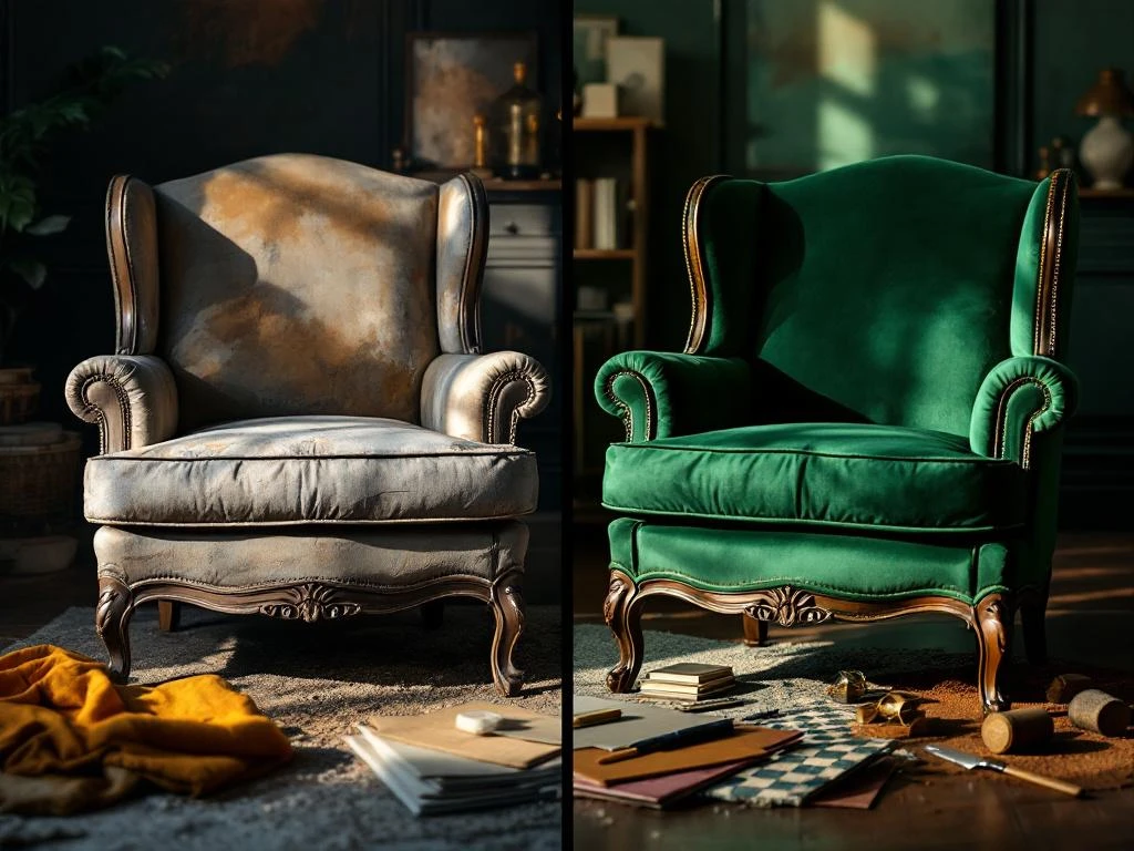 Fauteuil voor en na stoffering: links versleten bekleding, rechts gerenoveerd in smaragdgroen met restauratiegereedschap