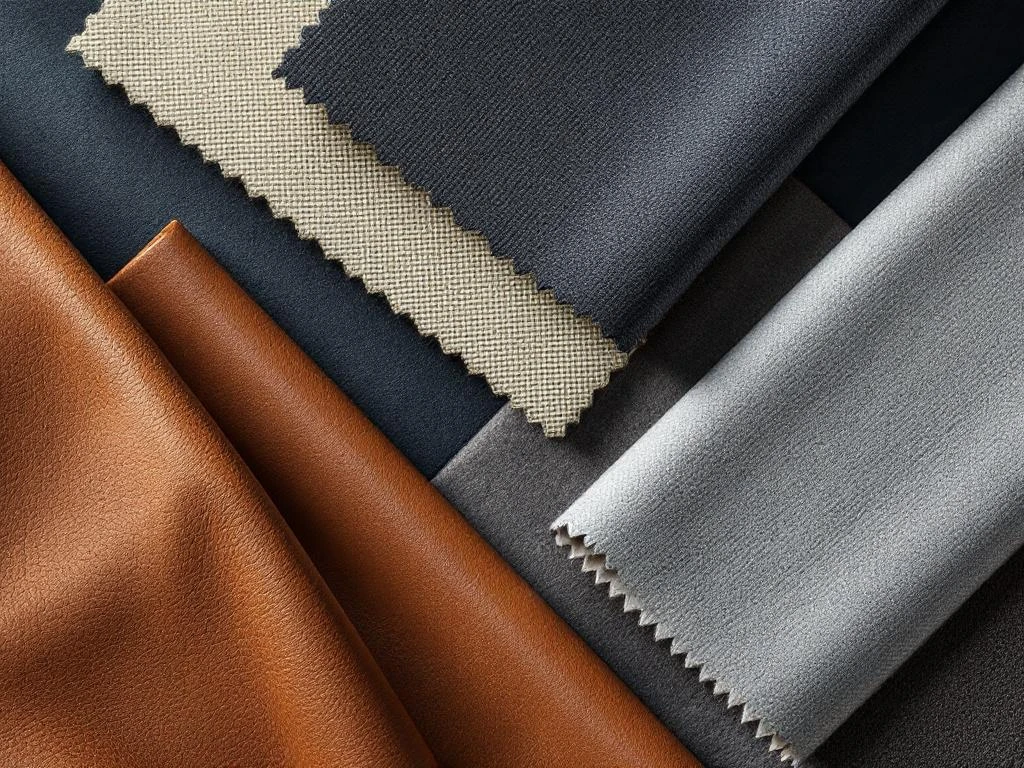 Luxe bekleding materialen samples inclusief leer en stoffen in blauw, grijs en bruin tinten professioneel belicht