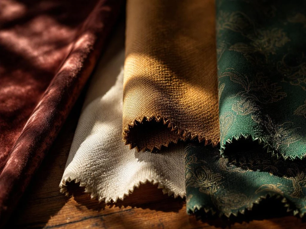 Luxe meubelstofcollectie met fluweel, linnen, leer en jacquard op houten oppervlak met dramatische belichting