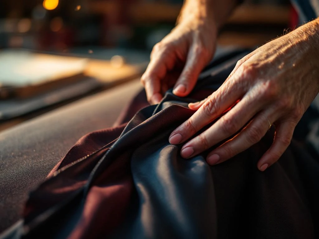 Vakkundige handen bekleden stoel met luxe stof in meubelwerkplaats, bordeaux en marineblauw textielstalen zichtbaar