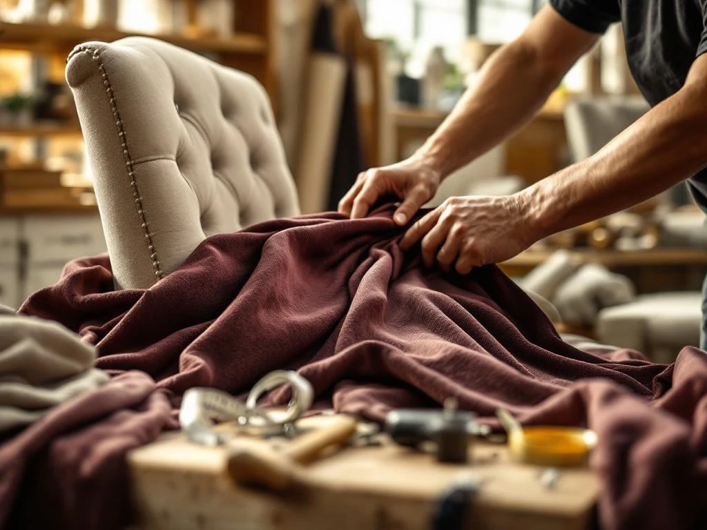 Vakkundige handen bespannen stoelframe met bordeauxrode stof in professionele meubelstoffeerderij met gereedschap