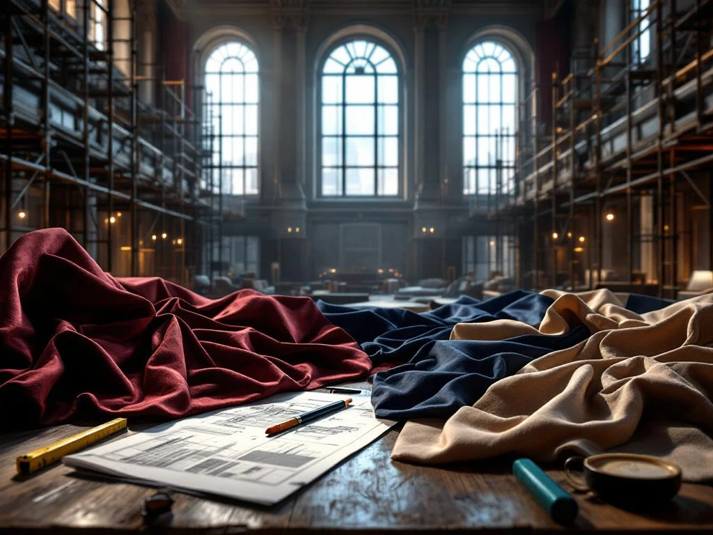 Luxe stoffen in bordeaux, marineblauw en beige op houten tafel in openbaar gebouw tijdens renovatie met steiger