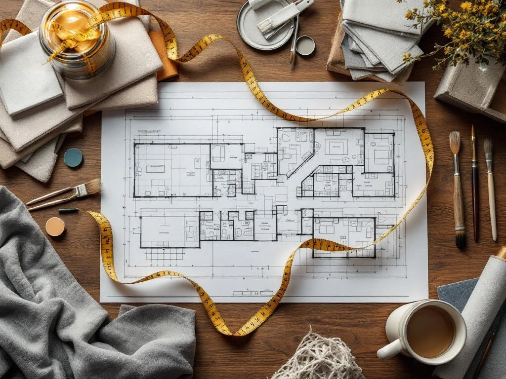 Architecturale blauwdruk op houten tafel omringd door renovatietools, verfstalen, stoffen en meetlint