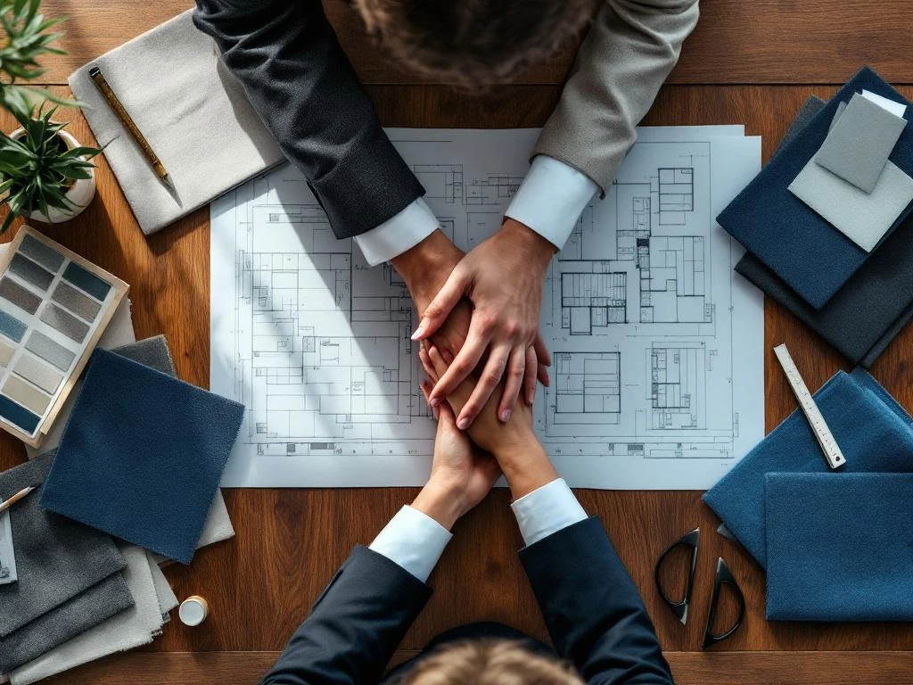Twee professionals schudden handen boven houten vergadertafel met blauwdrukken en stoffenstalen voor renovatieproject