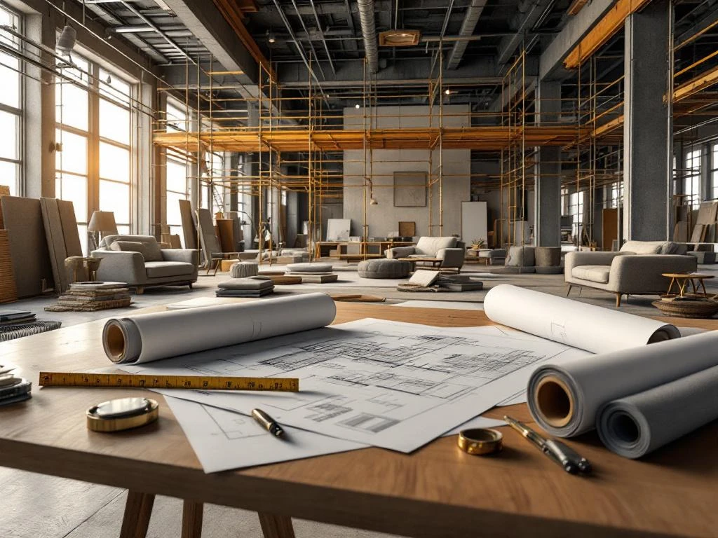 Grootschalig renovatieproject met blauwdrukken, materiaalstalen en steigers in ruimte met zichtbare structuur