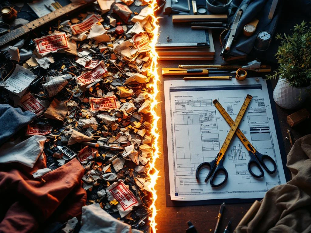 Gesplitst scherm toont rommelige renovatie links versus georganiseerde professionele werkruimte rechts met blauwdrukken