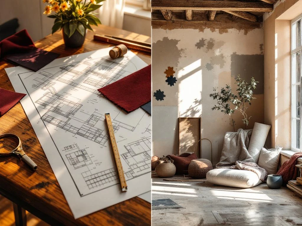 Renovatieproject split-screen: blauwdrukken met staalkaarten links, gedeeltelijk gerenoveerde ruimte rechts