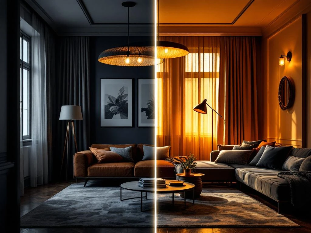 Renovatie voor-en-na vergelijking toont dramatische verlichtingstransformatie van donkere ruimte naar modern verlichte kamer