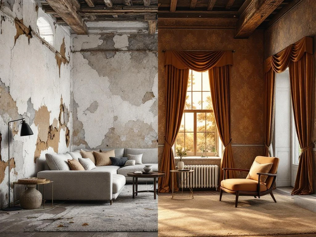 Renovatie voor-en-na vergelijking van interieur met versleten muren links en luxe textiel wandbekleding rechts