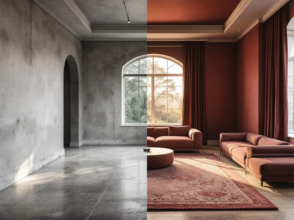 Renovatie voor en na: kale ruimte met betonvloer getransformeerd tot luxe interieur met bordeauxrode wanden en tapijt