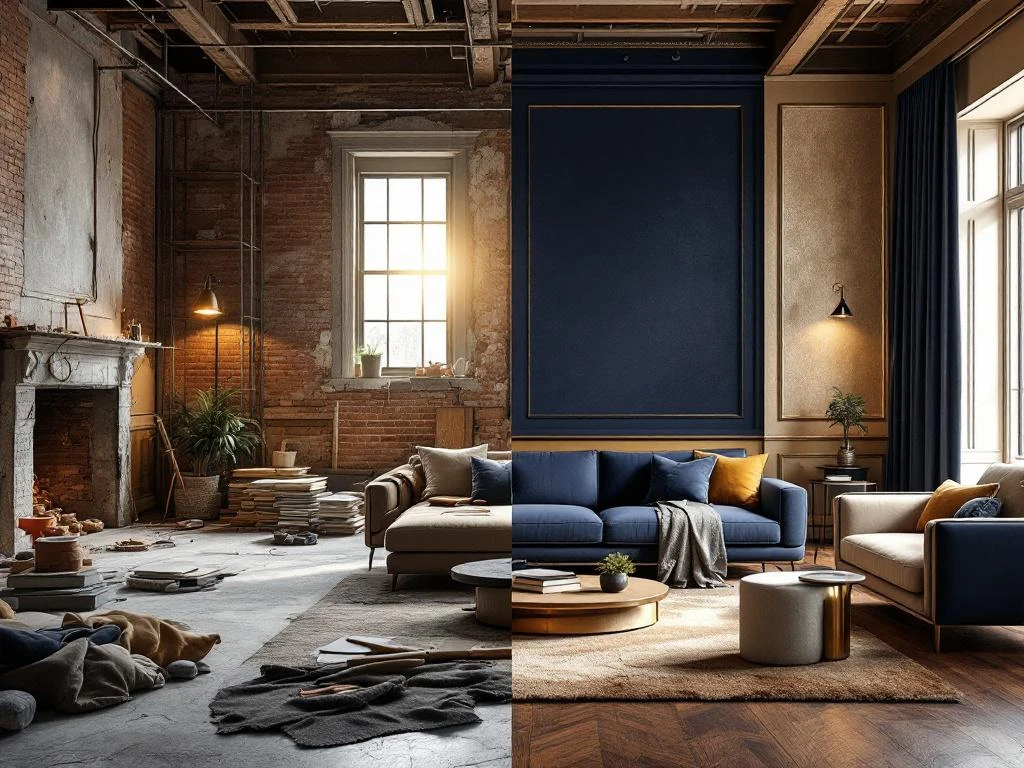 Voor-en-na renovatie: ruwe bouwplaats met steigering links, luxe moderne woonkamer in navy en beige rechts
