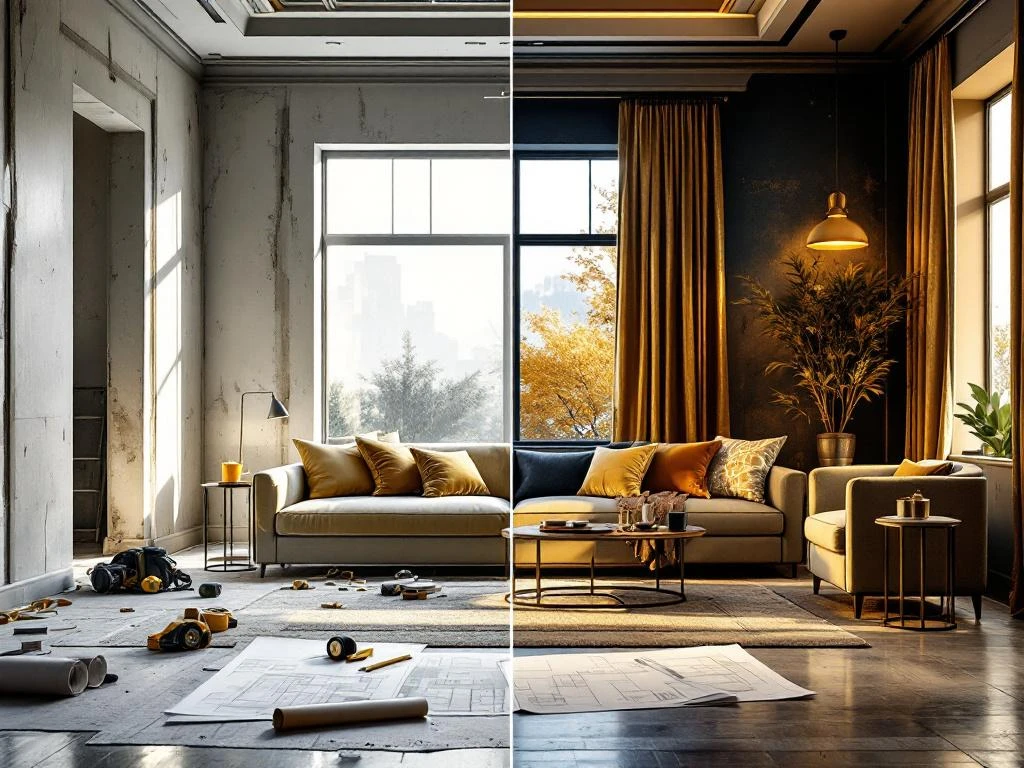 Renovatie voor-en-na vergelijking: onafgewerkte ruimte met gereedschap links, luxe interieur met blauwe accenten rechts