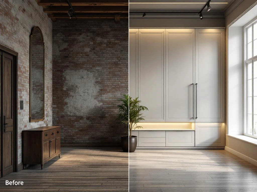 Voor-en-na renovatie van historisch gebouw: verweerde bakstenen muren worden modern smart home met geïntegreerde technologie