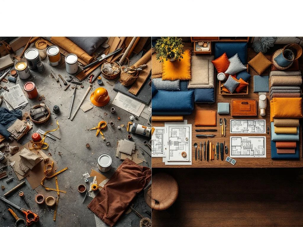 Renovatievoorbereiding voor- en na: chaotische werkplek tegenover georganiseerde ruimte met meubelstoffering materialen